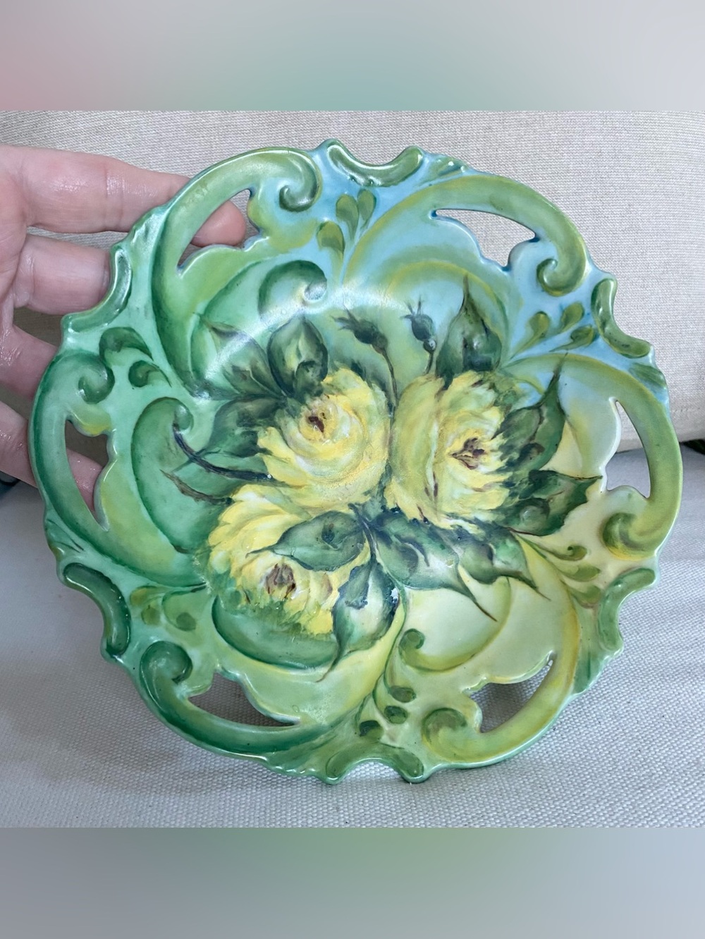 Vintage Pedestal Compote Bowl Hand Painted Majolica Yellow Cabbage Roses